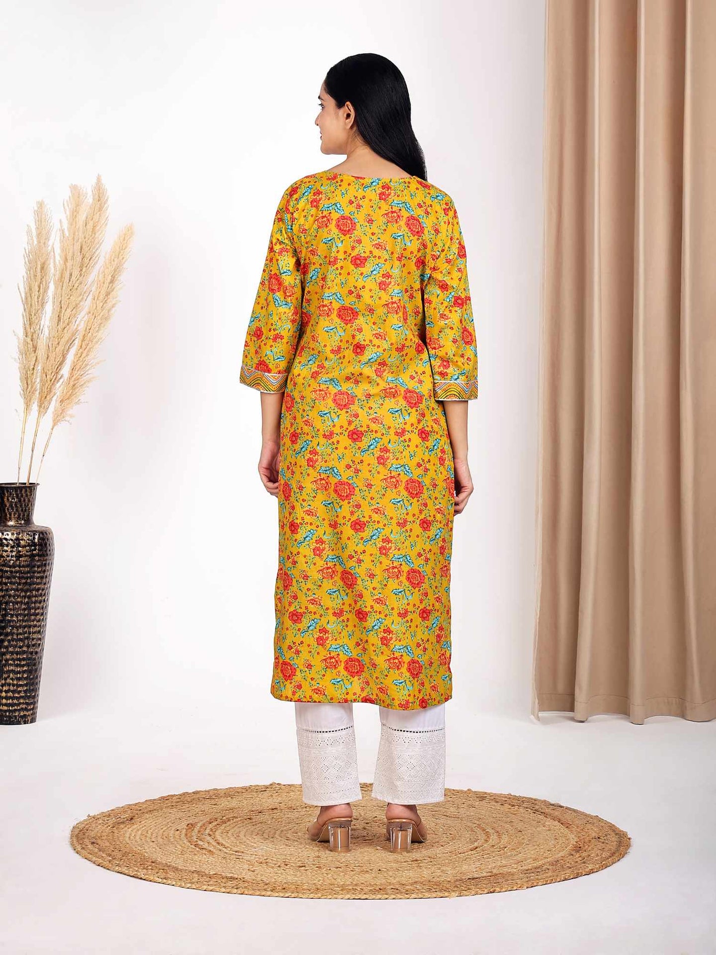 Yellow Round V-Neck Floral Printed Straight Kurta for Women